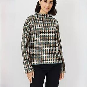 Ann Taylor Tweedy Funnel Neck Sweater Medium Petite Teal Multi